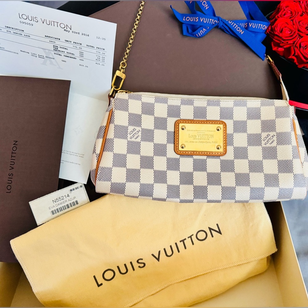 Discontinued Louis Vuitton Damier Azur Eva Gold Accents Dustbag Gift Box/Receipt